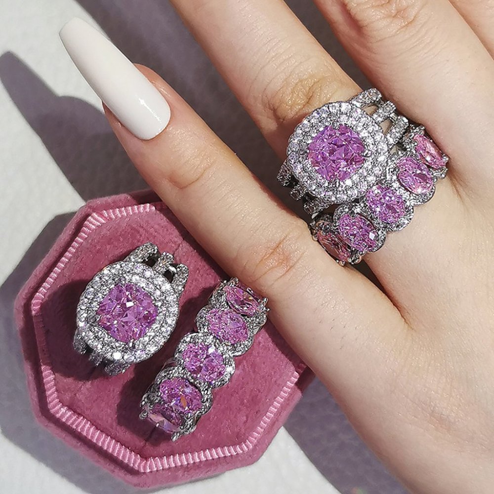 SOLD- Pink Stone Silver Ring Set Stunning Big Stones Size 9